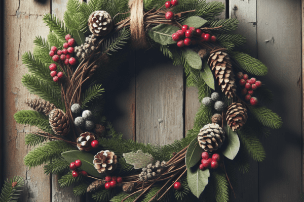 Welcome Guests with a Rustic DIY Christmas Wreath, Bringing a Touch of Winter Charm to Your Door