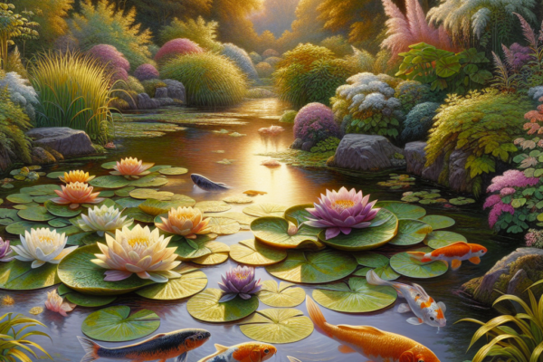 Garden Pond with Water Lilies and Fish