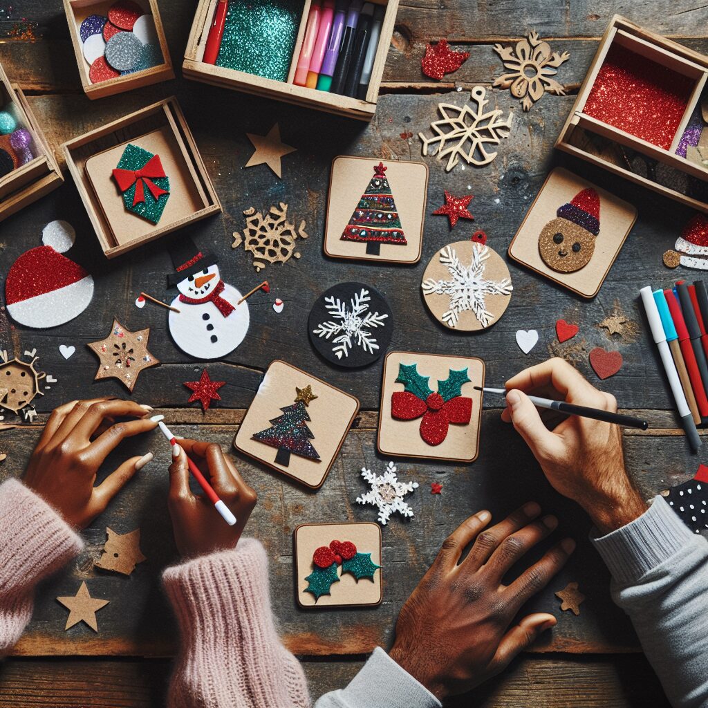 Christmas Themed Coasters Making. Craft coasters with festive designs.