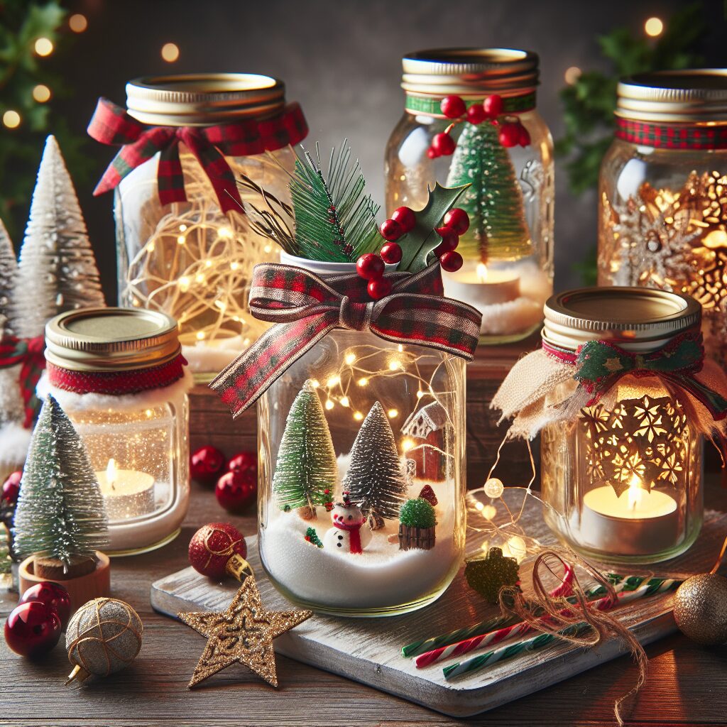 Christmas Themed Mason Jar Crafts. Use mason jars to create festive decorations or gifts.
